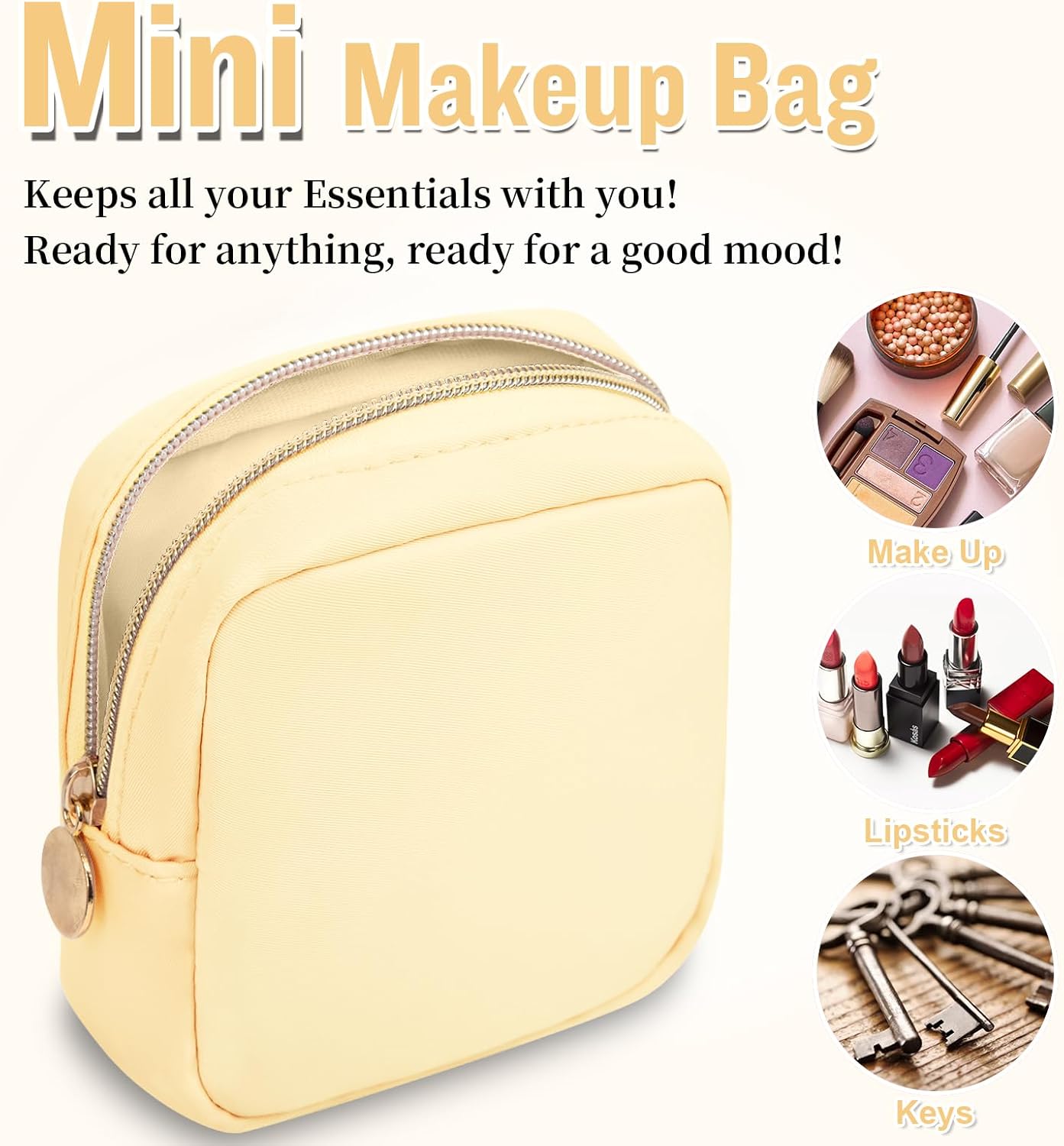 Nylon Mini Makeup Bag for Purse, Preppy Small Cute Makeup Bag Cosmetic Zipper Pouch Purse, Waterproof Travel Coin Pouch Sanitary Napkin Storage Bag Clutch Makeup Organizer for Women Men Girls(Beige)