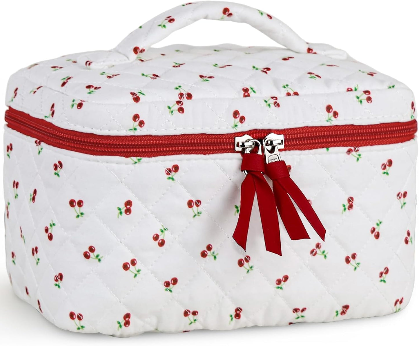 Prite Large Makeup Bag for Women Quilted Floral Cotton Cosmetic Bag Cute Coquette Aesthetic Floral Travel Toiletry Bag (Red Berries)