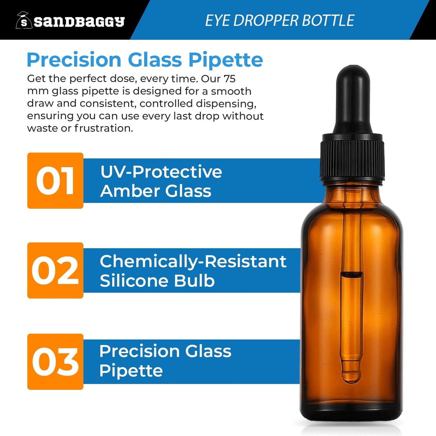 Sandbaggy 1oz Amber Glass Dropper Bottles - BPA Free, UV Protected - 75 mm Glass Pipette, Silicone Bulb (50)