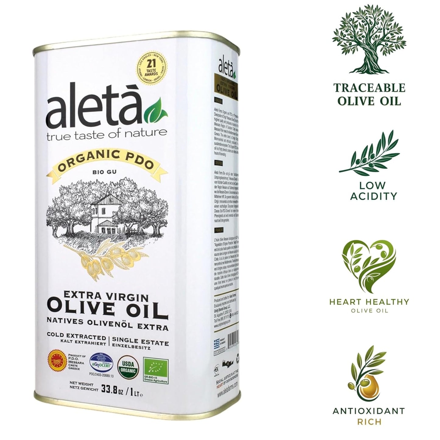 Aleta, Organic & PDO Extra Virgin Olive Oil, 2025 Gold Award, Certified Single Estate, Crete Greece, First-Cold Press, 1 Lt (33.8 oz.) Tin, Pack of 2
