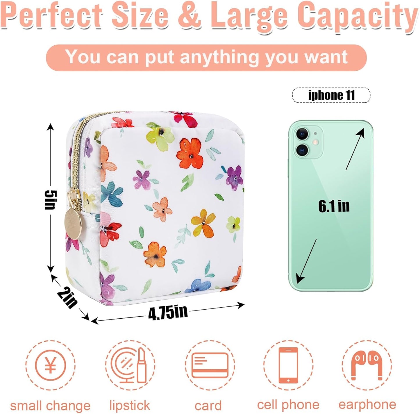 Nylon Mini Floral Makeup Bag for Purse, Small Cute Makeup Bag Preppy Flower Cosmetic Zipper Pouch, Waterproof Travel Set Coin Pouch Sanitary Napkin Storage Bag Makeup Organizer for Women(White-Flower)