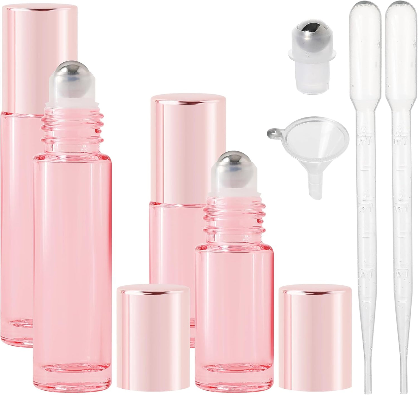 Essential Oil Roller Bottles, 4PCS (10ml & 5ml) Glass Perfume Roller Bottles with Funnel Opener and Dropper Beauty and Personal Care Tools (Pink, 4 Packs)