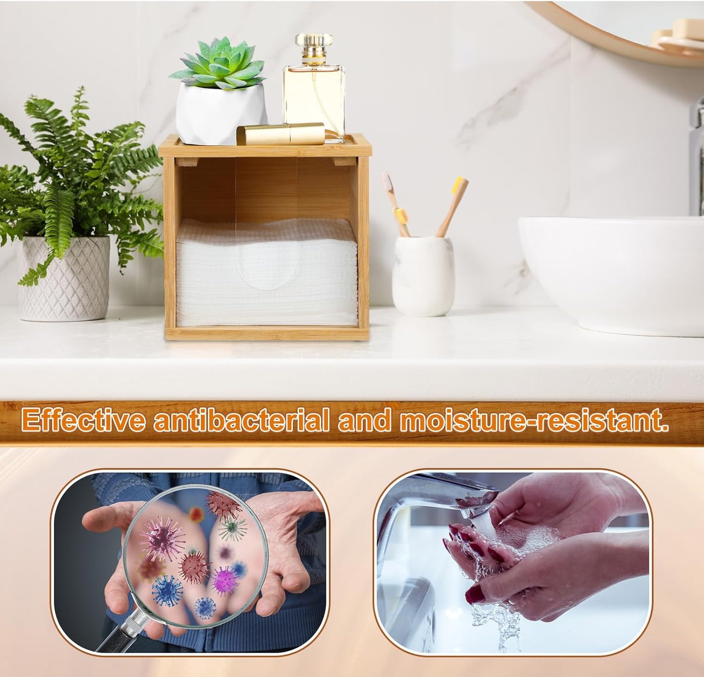 Chunful Disposable Face Towel Holder Box with Bamboo Lid, Acrylic Cosmetic Facial Towel Storage Container for Disposable Makeup Wipes Bathroom Vanity Countertop (Card Slot Connection)