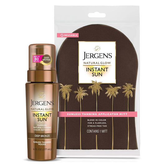 Jergens Natural Glow Instant Sun Self Tanner Mousse Bundle, Deep Bronze, Sunless Tanning, 6 Oz Bottle and Application Mitt