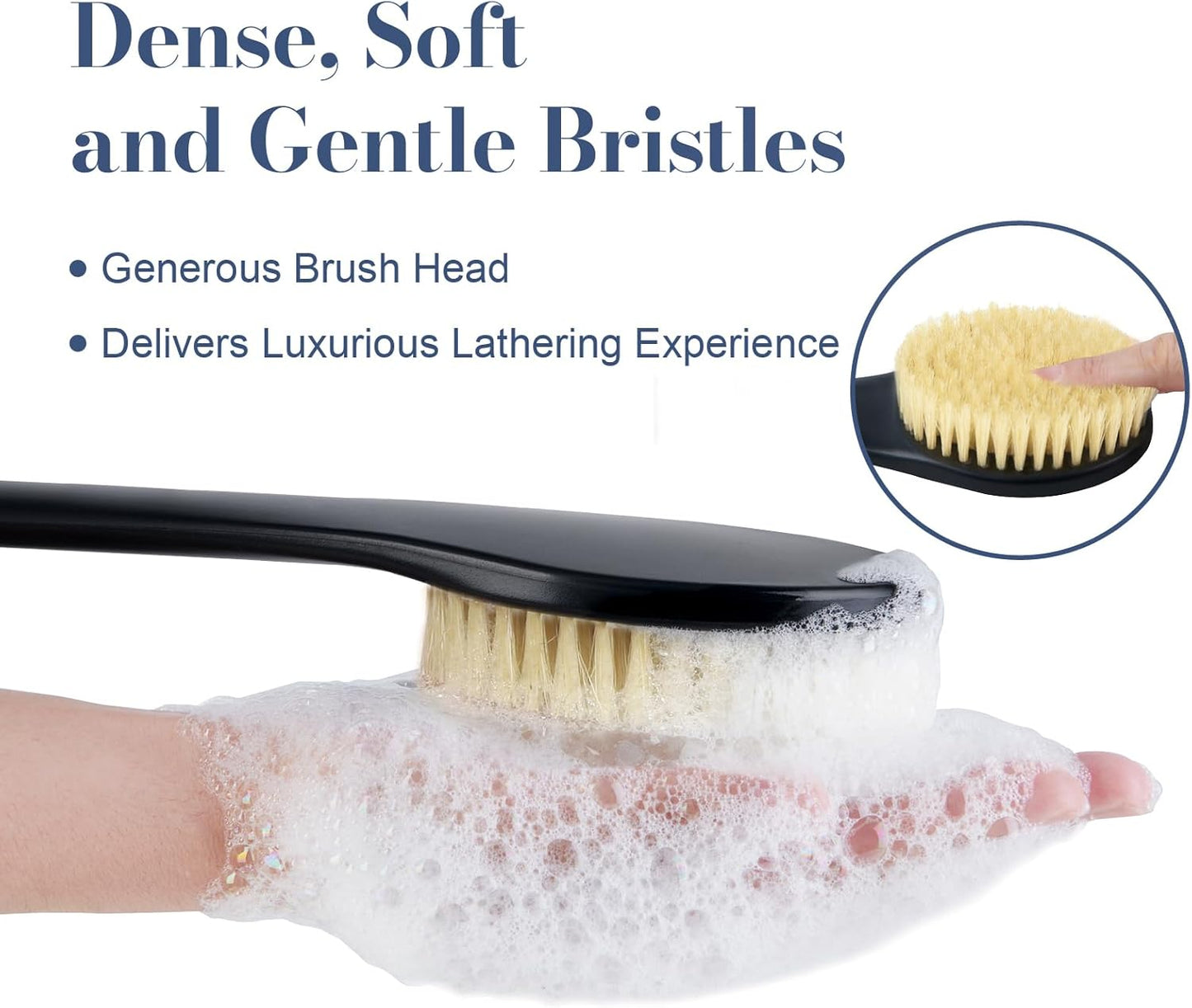 Back Scrubber for Shower, Shower Body Brush for Cleaning with Long Handle for Showering, 17 Inch Back Washer Exfoliator for Shower Men Women with Non-Slip Handle, Adhesive Hook (Black-Boar Bristles)