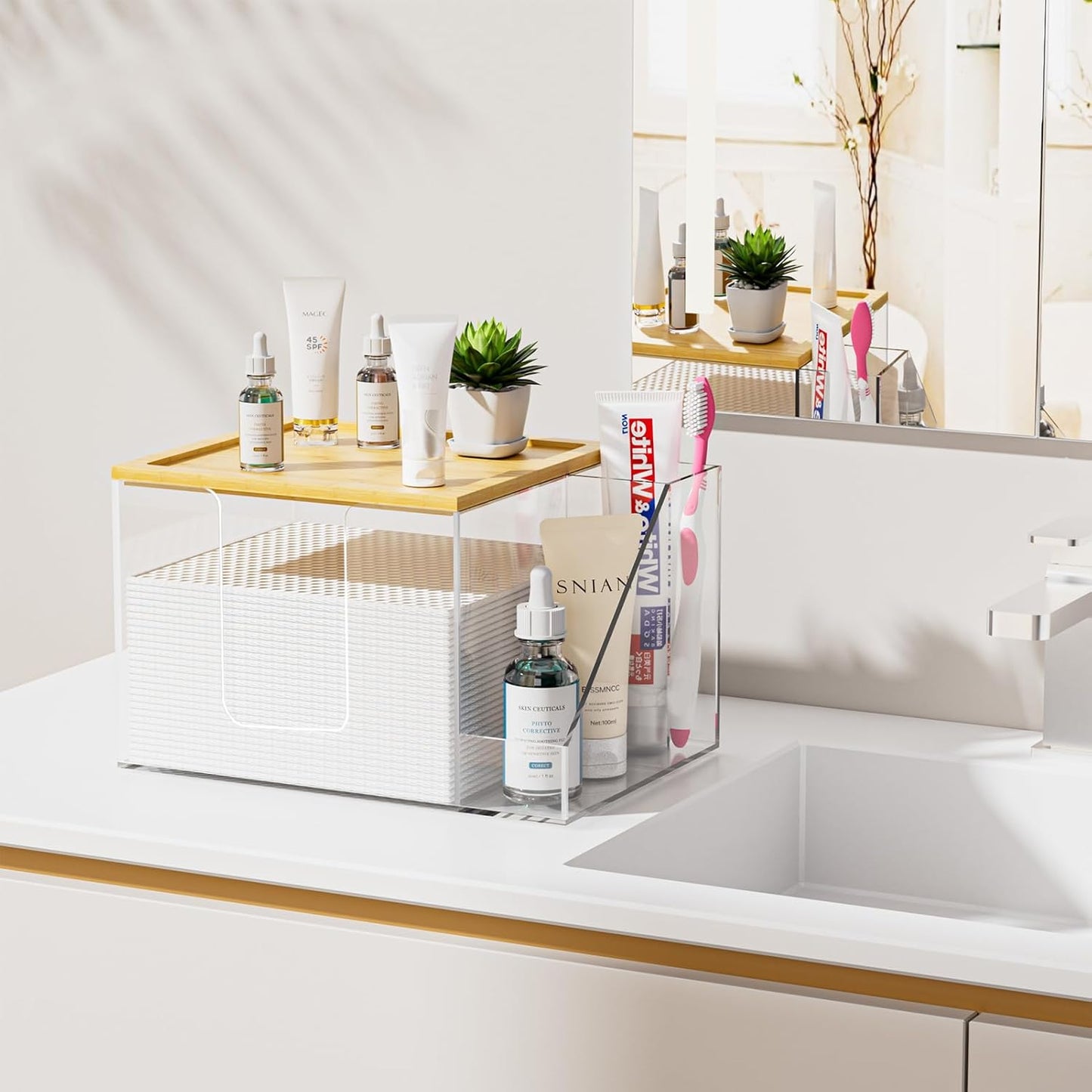 VITVITI Disposable Face Towel Holder Box, Acrylic Clean Skin Club Facial Towel Container with Toothbrush Holders, Large Disposable Face Towels Storage for Bathroom Vanity Makeup, Clear