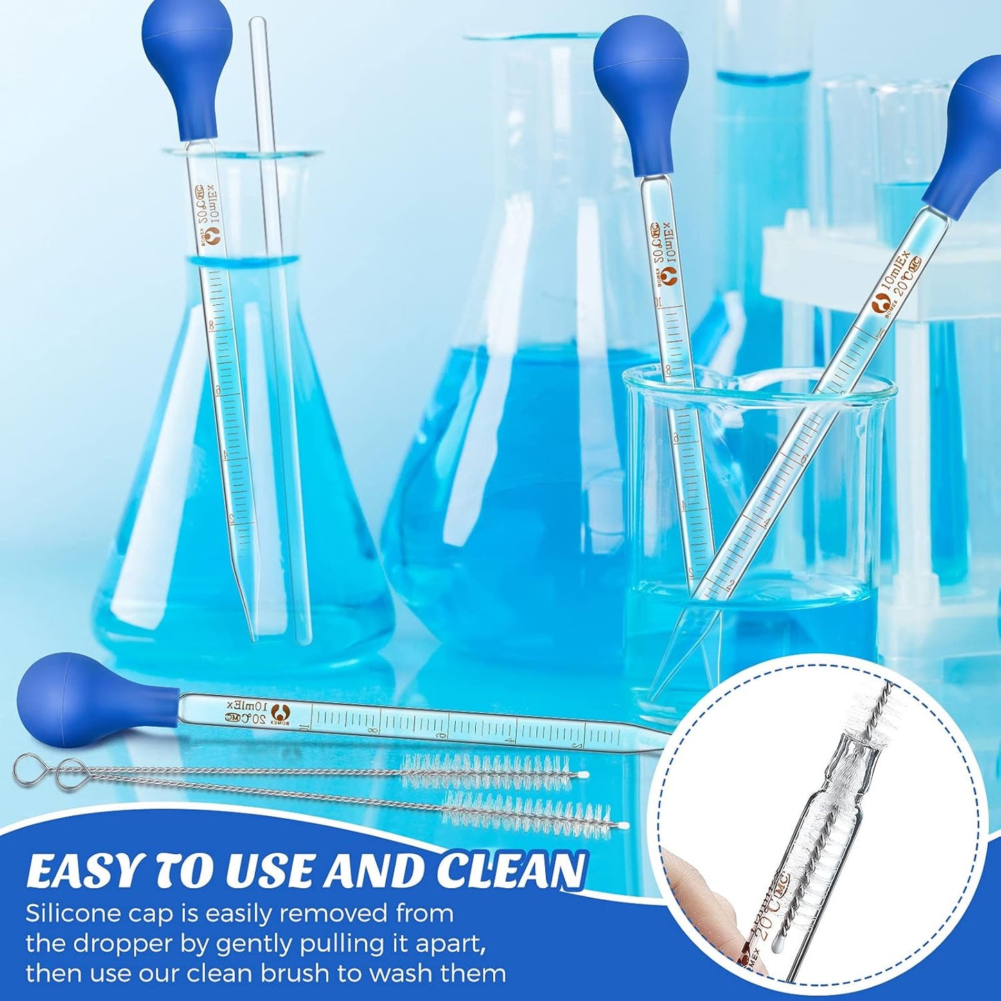 Weewooday Glass Droppers Pipettes Graduated Lab Dropper Glass Liquid Pipette with Big Rubber Hats 20 cm Stir Rod Washing Brush Transfer for Liquid Essential Oil(16 Pieces,Blue,10 ml)