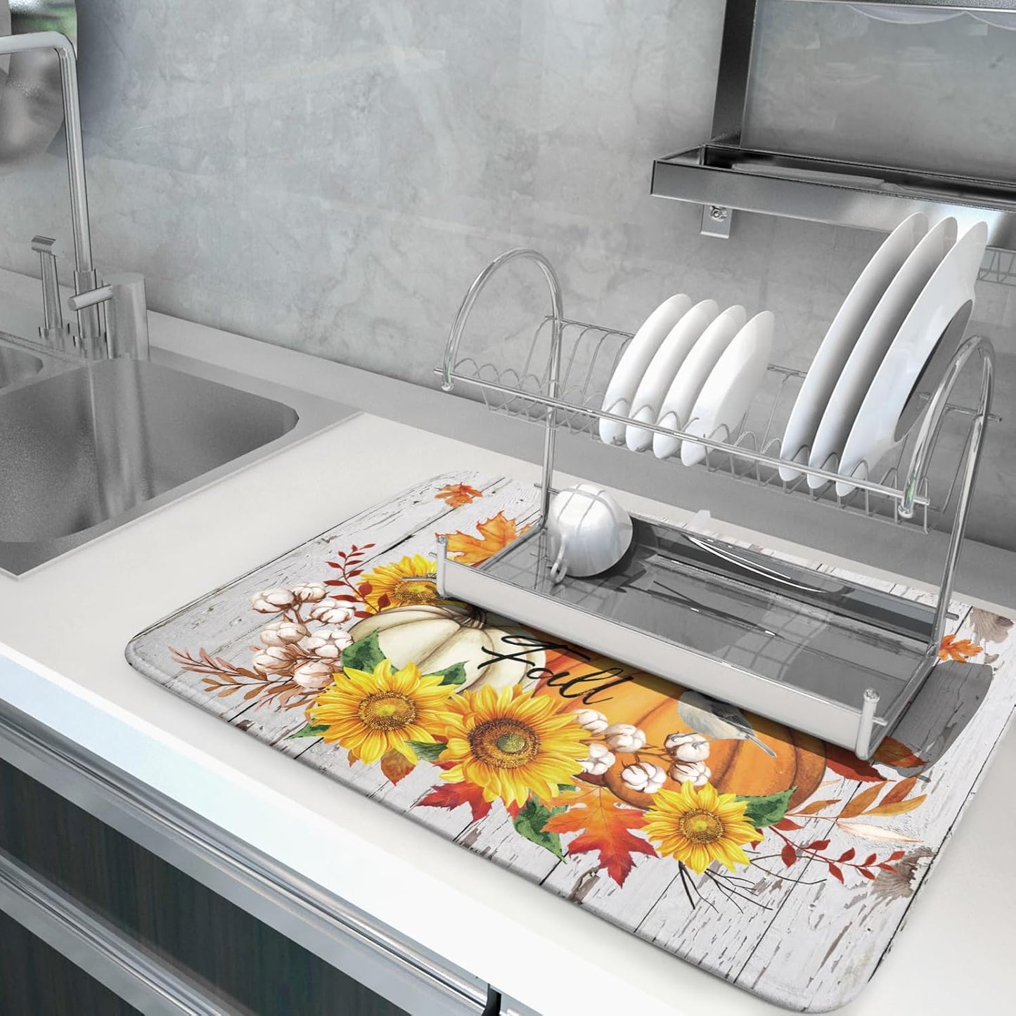 Hello Fall Dish Drying Mat for Kitchen Counter 18x24 Inch Orange Pumpkin Absorbent Drying Pad with Hanging Loop Autumn Home Decoration