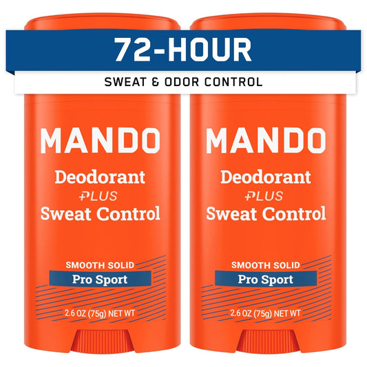 Mando Antiperspirant Deodorant Sweat and Odor Control for Men – Extra Strength Smooth Solid Stick – 72 Hour Performance – Baking Soda Free, Skin Safe – 2.6 oz – Pro Sport – Pack of 2