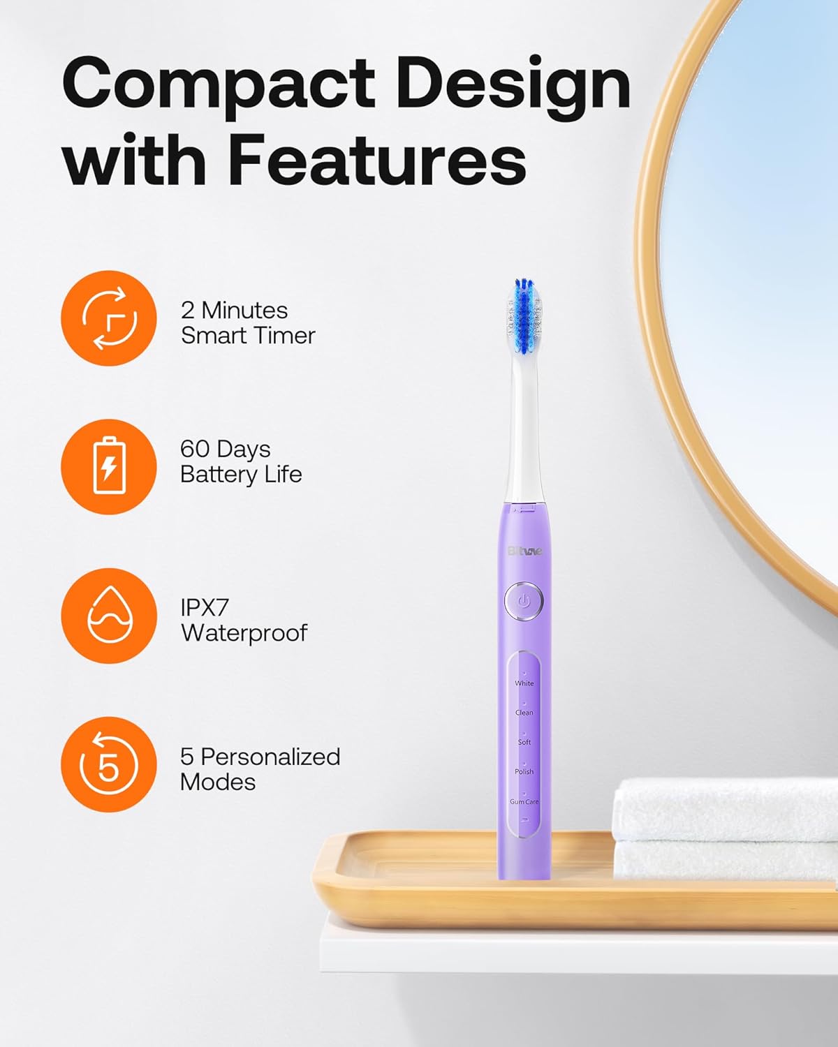 Bitvae Ultrasonic Electric Toothbrush for Adults and Kids, ADA Accepted Travel Toothbrush with Rechargeable 60-Day Battery Life, 5 Modes, 8 Heads, Case, Holder, Purple