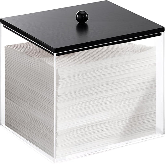 Puricon Acrylic Disposable Facial Towels Holder, Clear Storage Bin with Wood Lid Compatible with Clean Skin Club Towel (NOT Included), Face Towelettes Container for Bathroom Counter -Black