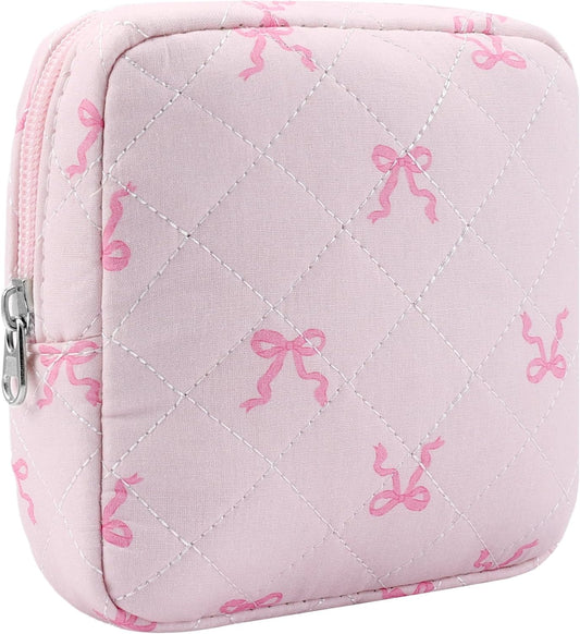 Small Quilted Cotton Makeup Bag for Purse Mini Cosmetic Period Bag for Women Cute Pink Bow Ribbon Makeup Sanitary Pouch Portable Travel Toiletry Bags with Zipper Slip in Pockets Birthday Gifts