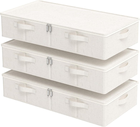 Underbed Storage Bins Drawer, Foldable Under Bed Boxes, Fabric Closet Container with Lid for Organizing Clothes, Sheets, Blankets, Comforter, 31.4x15.7x5.9in, Beige, 3 Pack