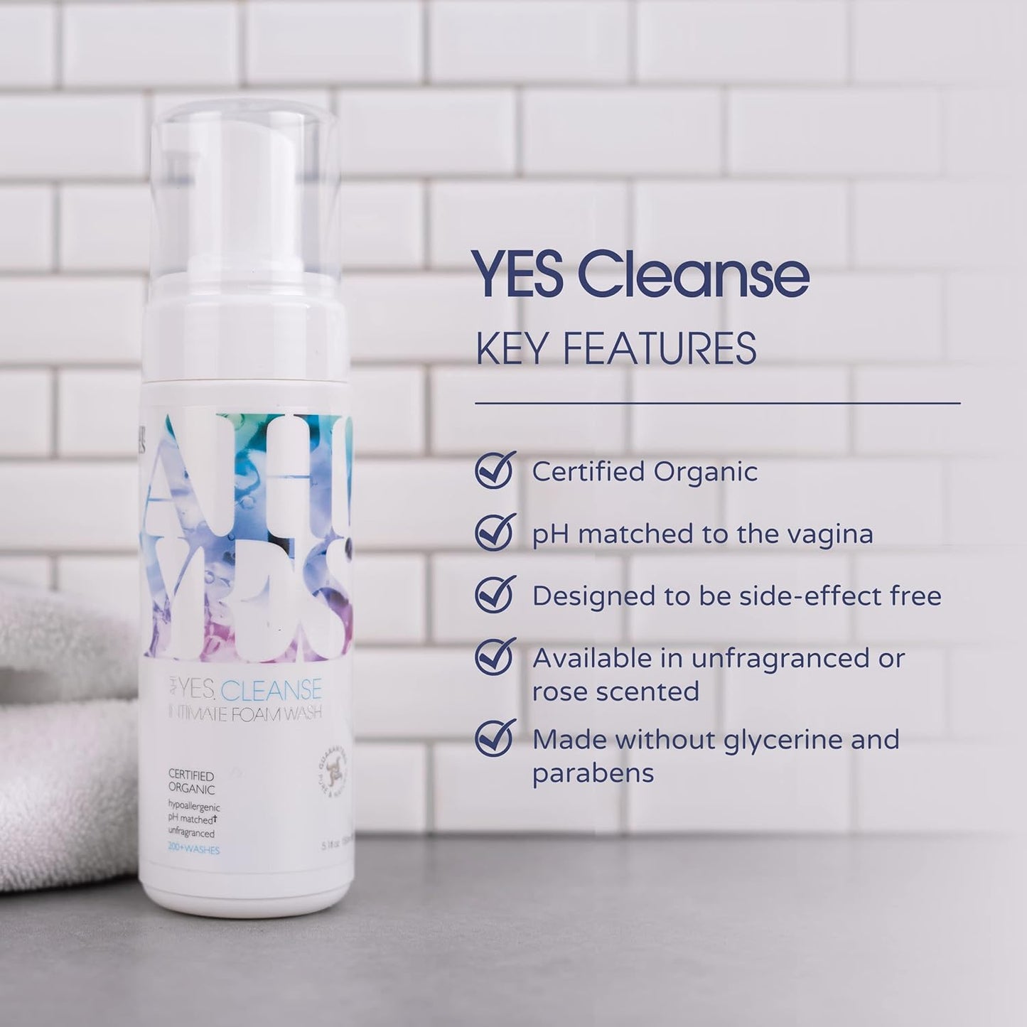 AH! YES® CLEANSE | pH Matched Feminine Wash | Certified Organic | Pure & Natural Vaginal Wash | Unscented | Gentle Foaming Intimate Wash (5.1 fl oz)