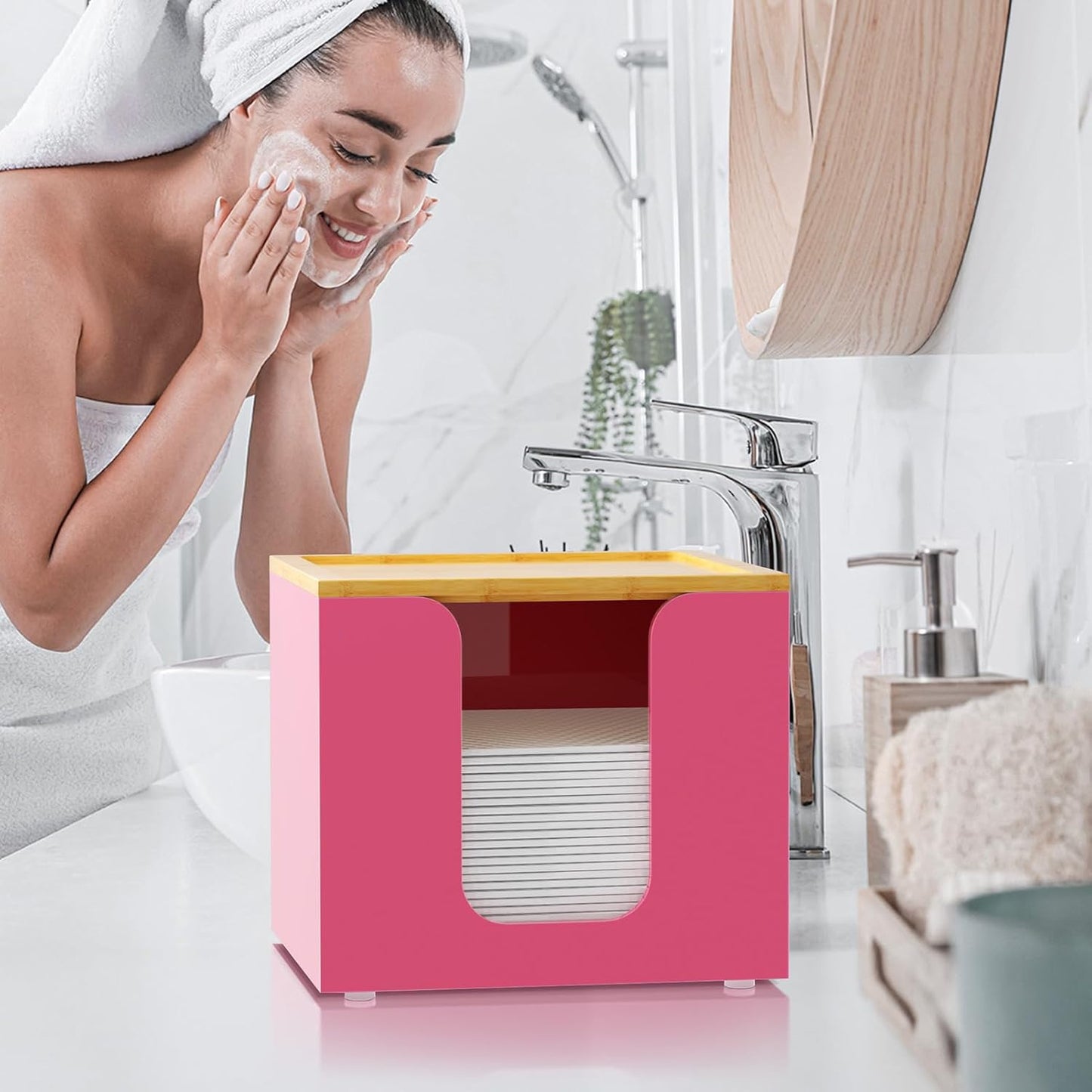 VITVITI Disposable Face Towel Holder Box, Acrylic Facial Towel Container for XL Clean Skin Club, Large Disposable Face Towels Storage with Bamboo Lid, for Bathroom, Vanity Makeup, Pink