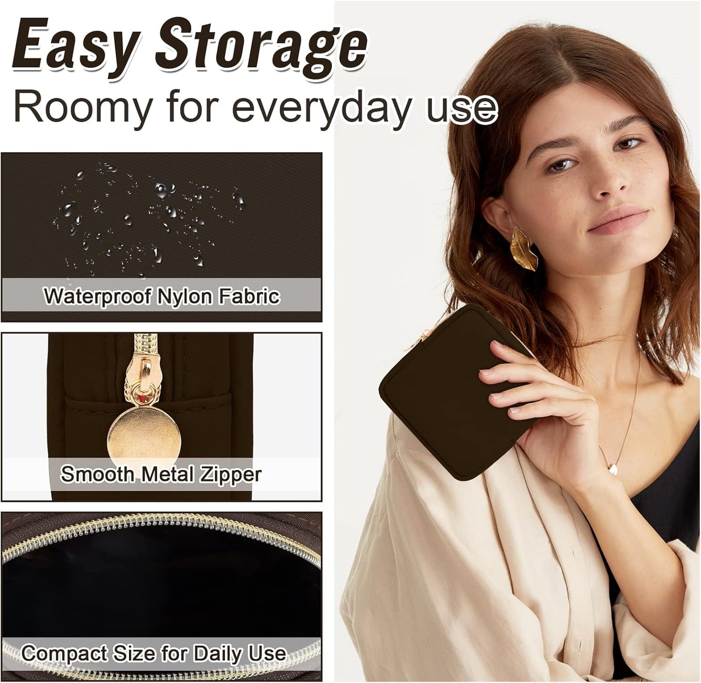 Nylon Mini Makeup Bag for Purse, Preppy Small Cute Makeup Bag Cosmetic Zipper Pouch Purse, Waterproof Travel Coin Pouch Sanitary Napkin Storage Bag Clutch Makeup Organizer Pouch for Women(Brown)