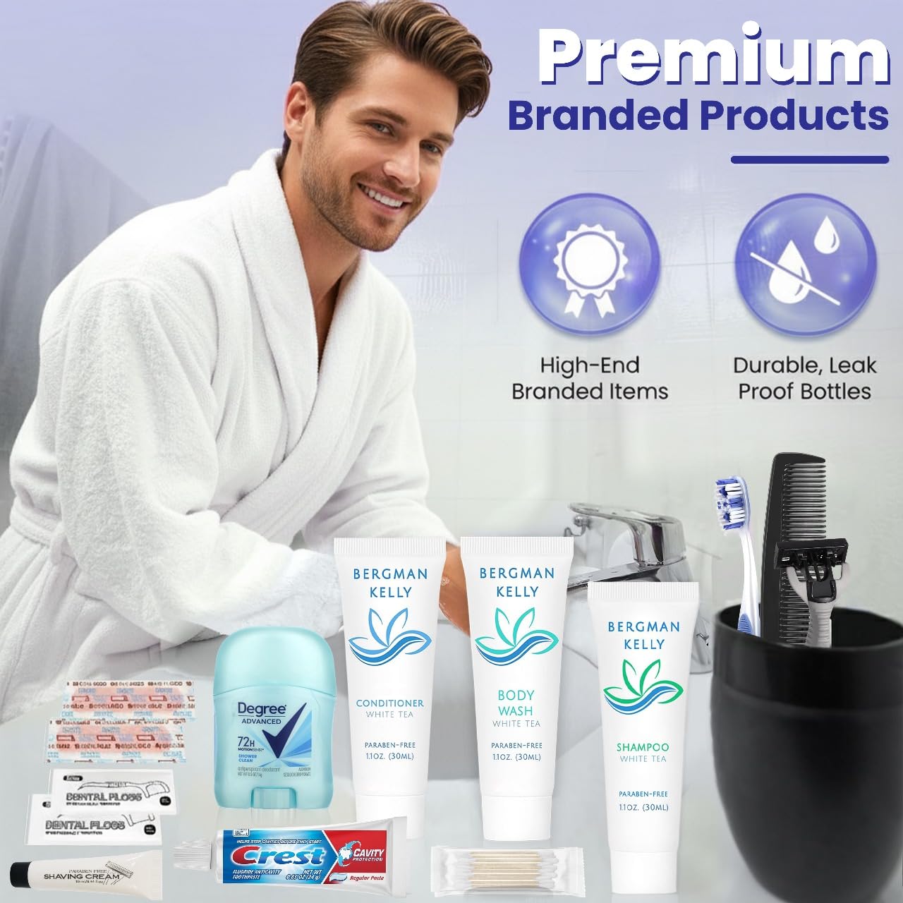 Trektote Bulk Hygiene Kit For Men – (50 Pack) 12 Piece Set Of Travel Size Toiletries, TSA Compliant, Bulk Travel Essentials, Includes Shampoo And Conditioner, Body Wash, Toiletry Bag & More