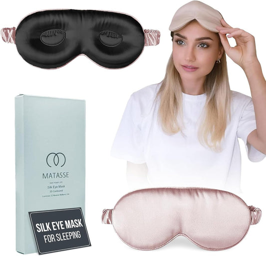 MATASSE Silk Eye Mask for Sleeping with Adjustable Elastic Band - 3D Contoured, Eye Cover Sleep Mask w/Genuine Mulberry Silk Including The Strap for Women, Men (Pink/Black)