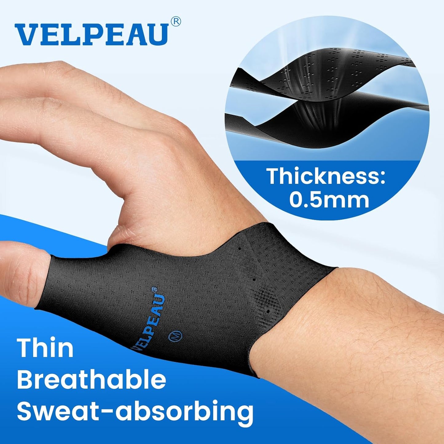 Velpeau Thumb Compression Sleeve for Tendonitis (Pack of 2), Seamless Technology, Gloves Wraps for Arthritis Pain Relief for Women & Men, Splint Liner, Fits Both Hands (Black, Short Version, L)