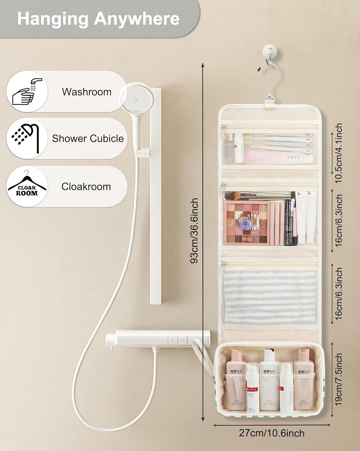 Relavel Travel Hanging Toiletry Bag for Women, Large Capacity Wash Bag with 360 degree Rotation Hanging Hook, Portable Toiletries Makeup Organizer Storage for Daily Use, Trip, Camping - Green Plaid