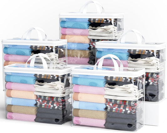 5PACK Clear Zippered Storage Bag for Clothes, 22L Clear Storage Bags, and Blanket Storage Bags for Bedding, Blankets, Comforters, Clothing, Books, DVD & CD (White)