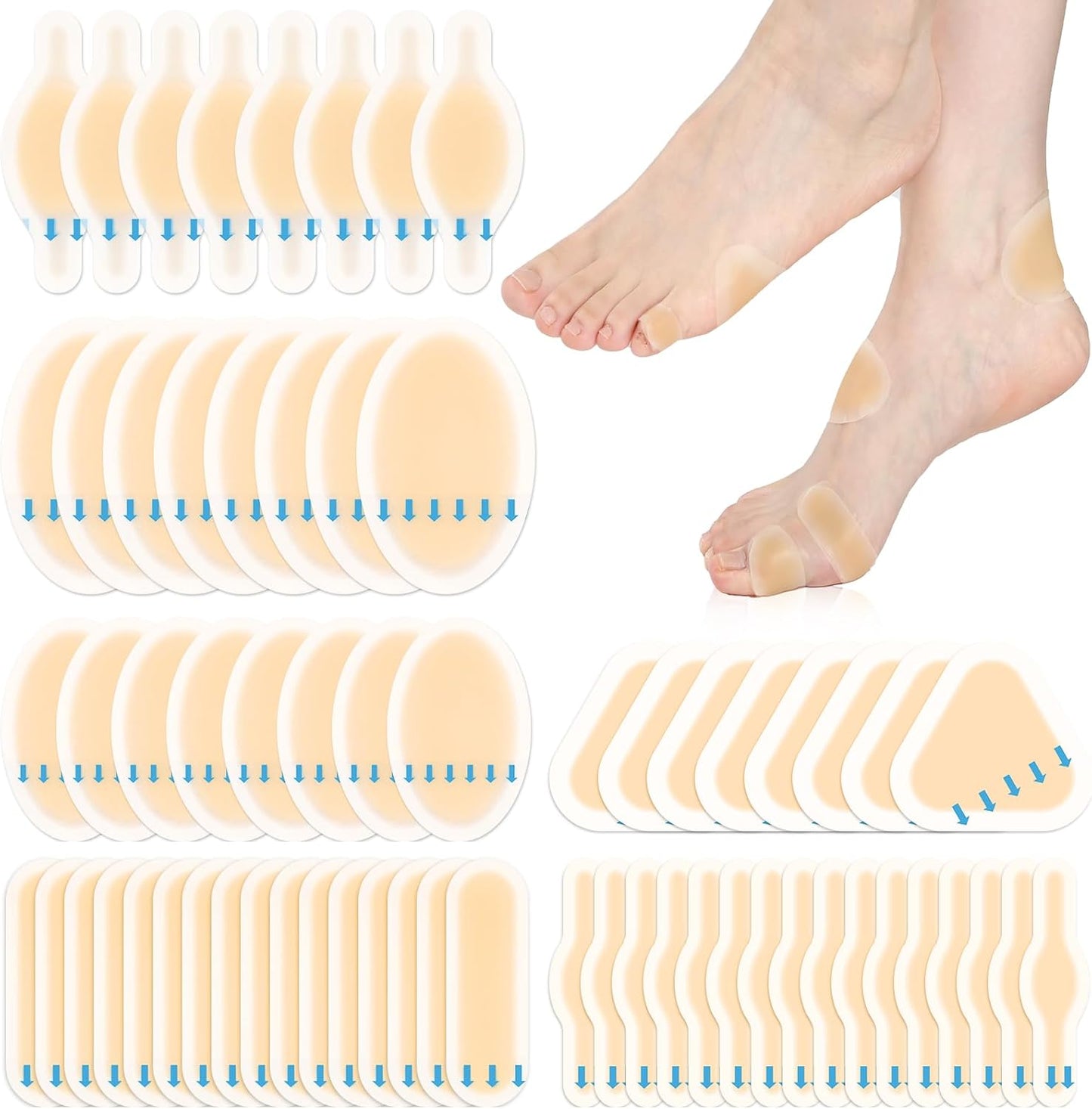 64 Pieces Hydrocolloid Blister Bandages for Feet - 6 Styles Waterproof Adhesive Blister Pads, Blister Patches for Heel, Foot, Toe, Blister Cushions for Prevention