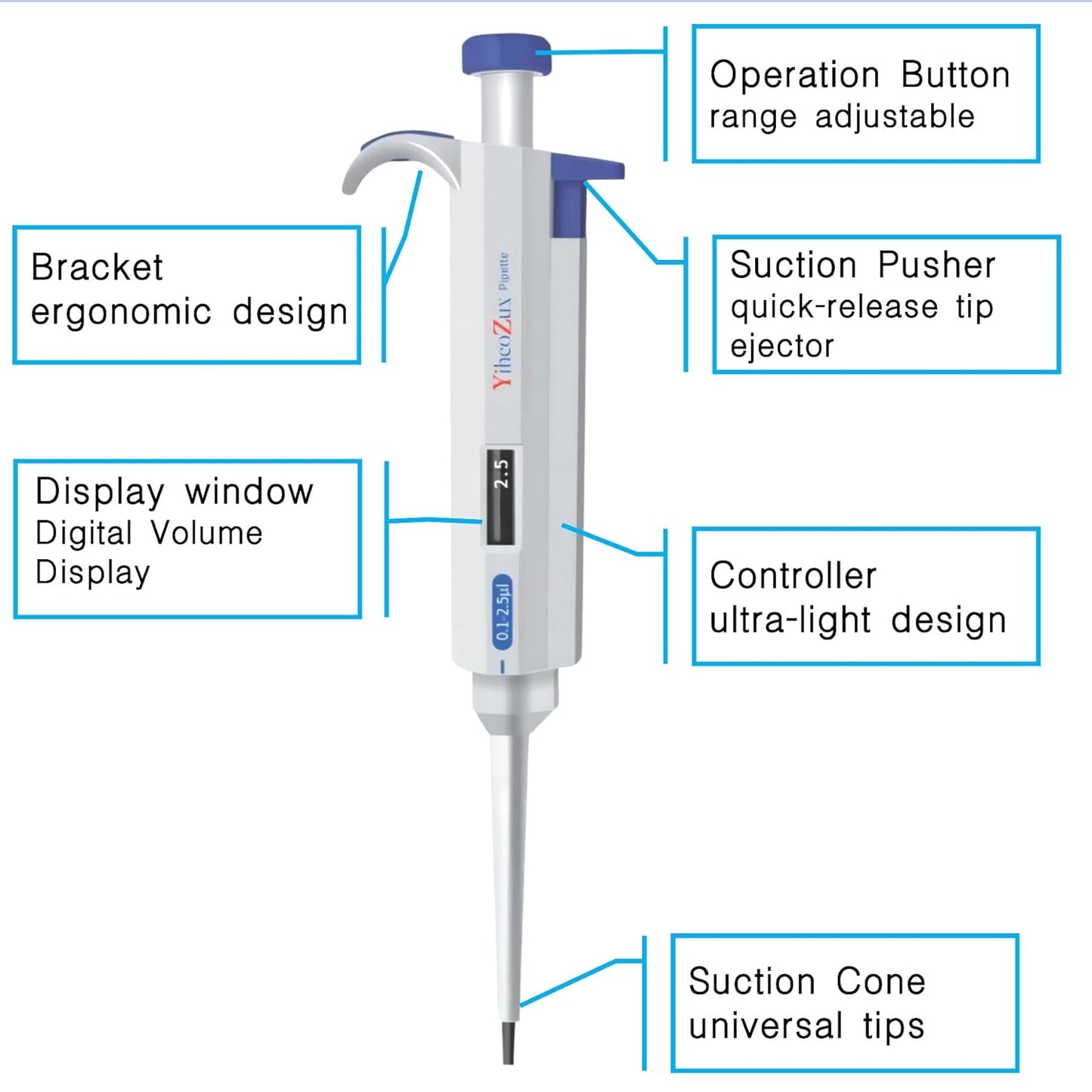 0.1-2.5uL Single Channel Pipette Manaul Adjustable Variable Volume Laboratory High Accurate Lab Micropipette