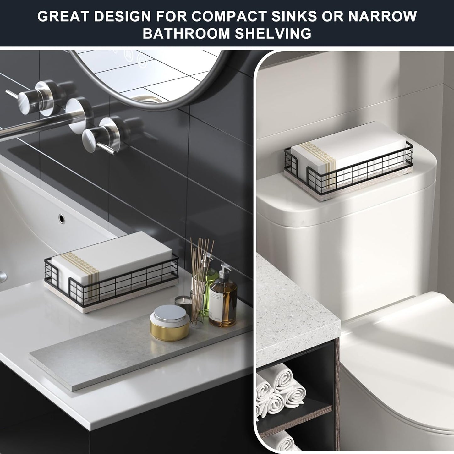 Wican Guest Towel Holder Tray for Bathroom, Ash and Iron Napkins Holder for Powder Room Dinning Table Wooden Basket for Disposable Paper Hand Towels Black and Ash Whitewashed