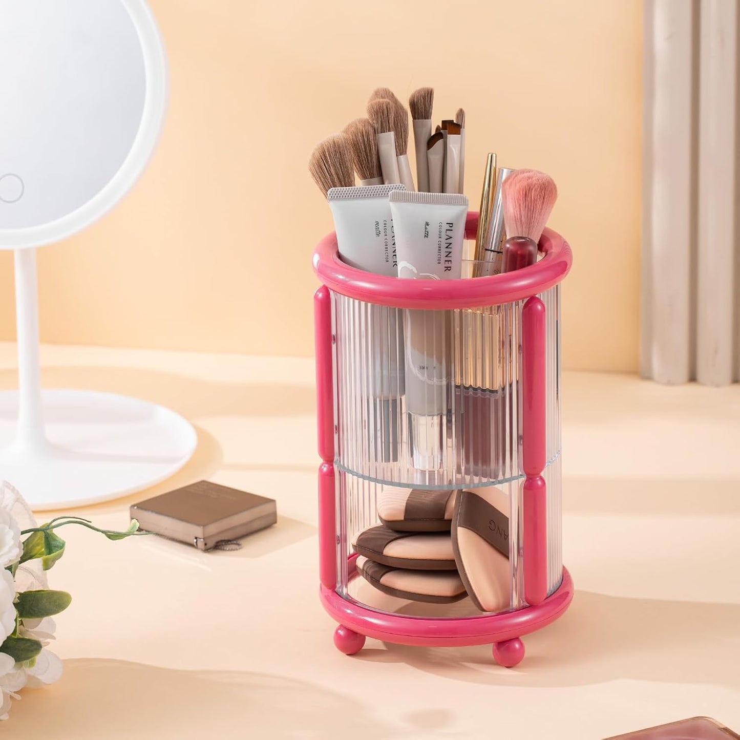 Makeup Brush Holder, 2 Tier Clear Cosmetic Tools Organizer, Round Makeup Organizer for Vanity Countertop (Rose Red)