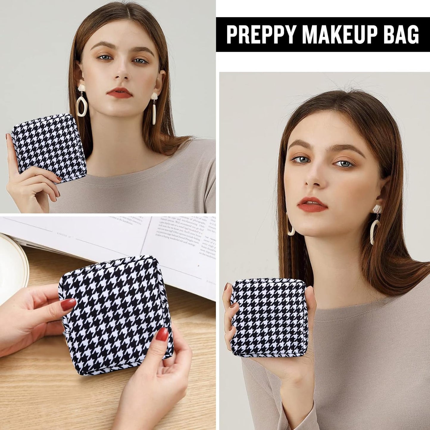 Nylon Mini Makeup Bag for Purse, Small Cute Makeup Bag Preppy Cosmetic Zipper Pouch Purse, Waterproof Travel Coin Pouch Sanitary Napkin Storage Bag Makeup Organizer for Women Girls(Black Houndstooth)