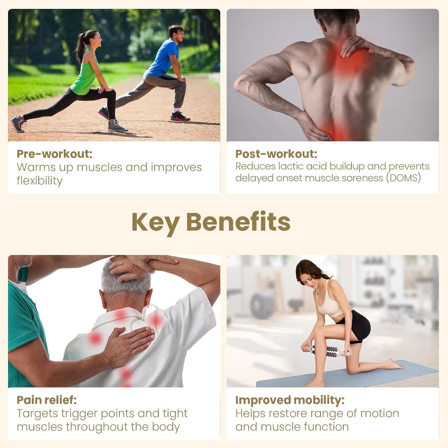 Double Row Muscle Roller Stick for Muscles Deep Tissue，with One-Piece Roller & Bionic Massage Contacts,High Efficiency Relieves Soreness & Tension，Unique Gifts for Runner Athelets Gym Yoga.