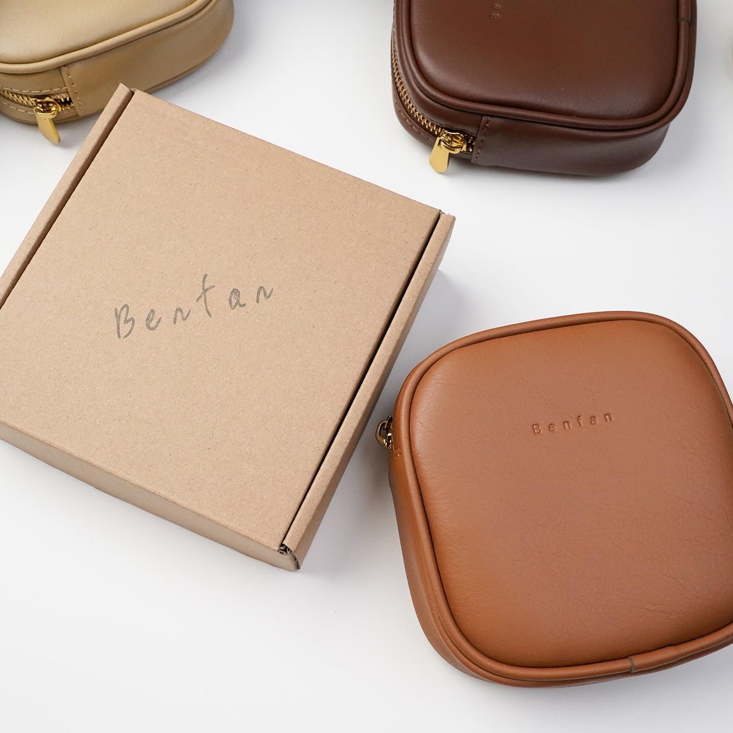 Leather Cosmetic Bag for Women Small Zipper Makeup Bag for Purse Waterproof Travel Makeup Organizer Charger Storage Pouch Color Brown