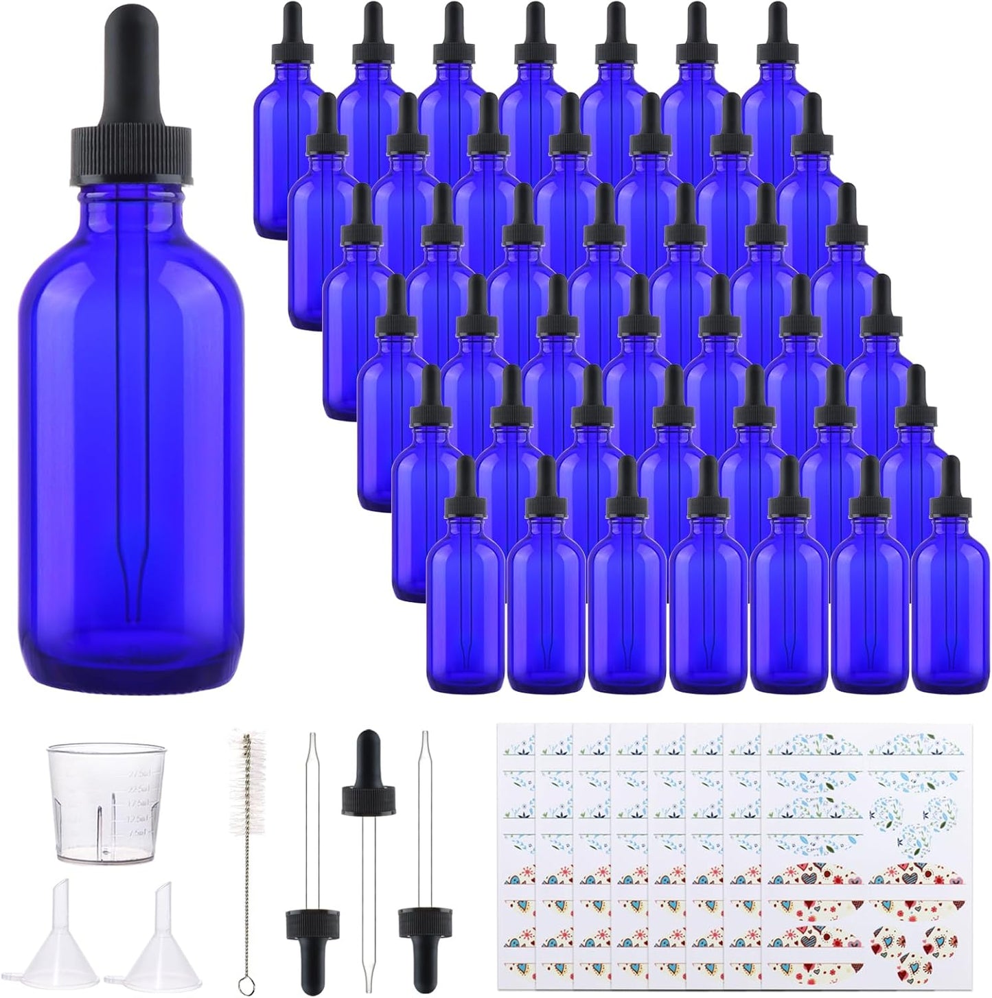 42 Pack 4oz Cobalt Blue Glass Bottles with Glass Eye Droppers for Essential Oils, Perfumes & Lab Chemicals (Brush, Funnels, 3 Extra Droppers, 48 Pieces Labels & 30ml Measuring Cup Included)