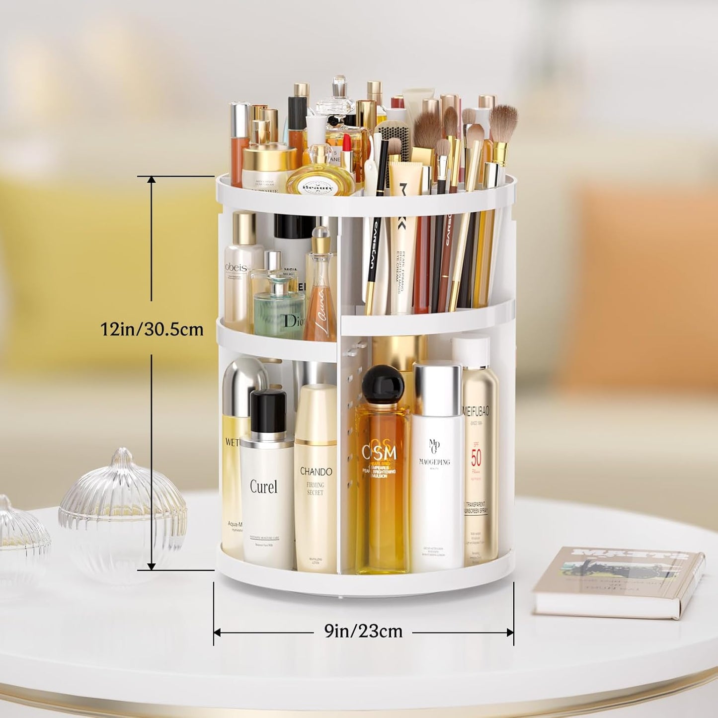 Makeup Organizer 360 rotating, Adjustable Skincare Organizers with Brush Holder, Cosmetics Display Cases for Vanity Bathroom Countertop Large Capacity Carousel Make up Caddy Shelf (White)