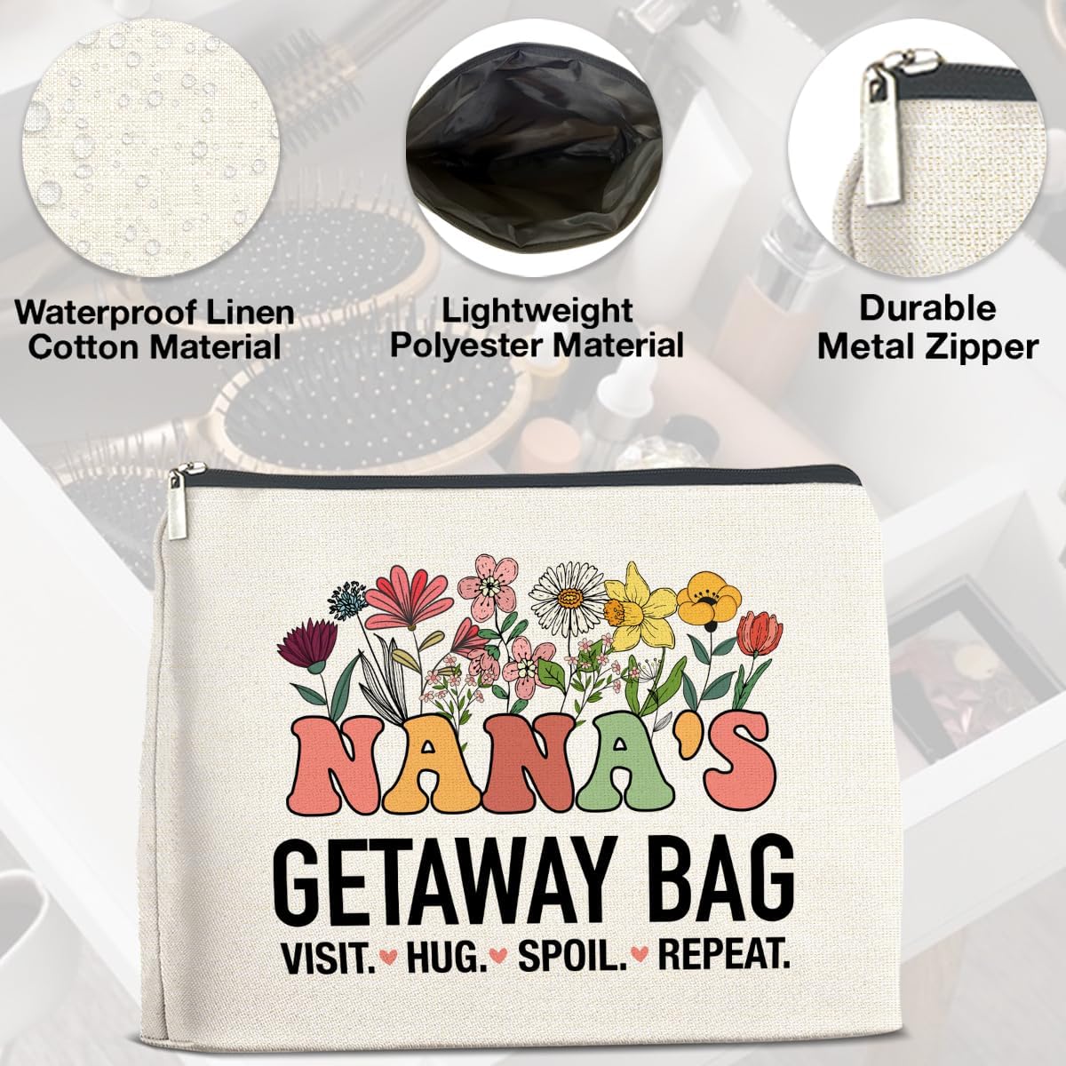 Nana's Getaway Cosmetic Bag Grandma Gifts from Grandkids, Gift for Grandma Grandmother Grammy Nana Makeup Bag Zipper Makeup Pouch