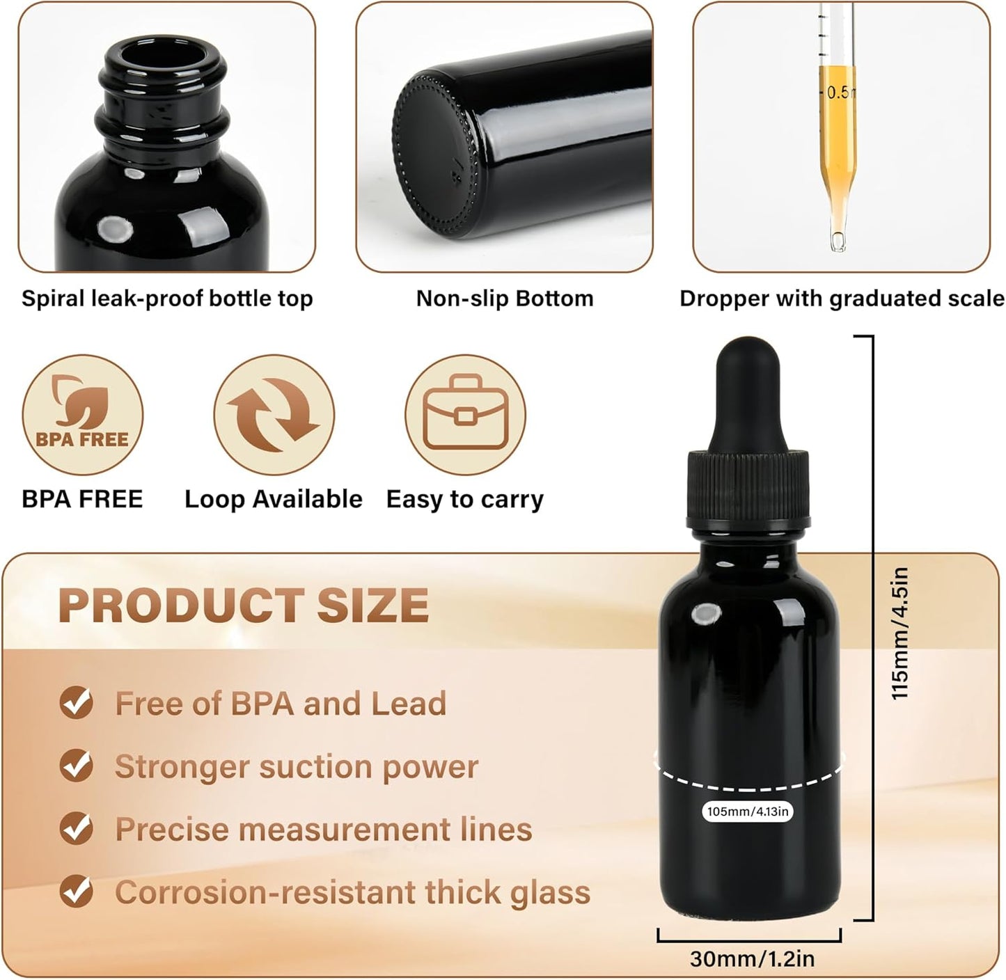 12 Pcs, 2oz Black Glass Eye Dropper Bottle, Tincture Bottles with Leak-Proof Design, Stronger Suction, for All Kinds of Mixed Liquids