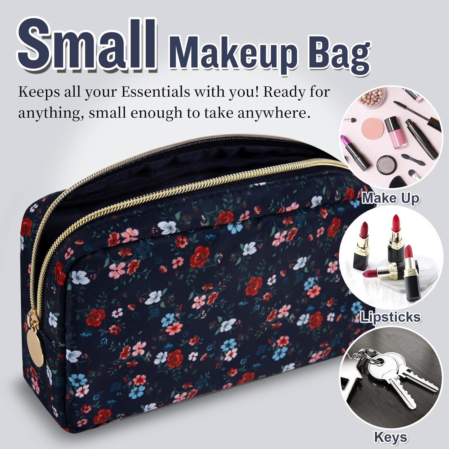 Nylon Small Floral Makeup Bag for Purse, Cute Preppy Makeup Bag Cosmetic Zipper Pouch Purse, Waterproof Portable Travel Set Toiletry Bag Make Up Brush Bag Organizer Storage for Women(Navy Blue-Flower)