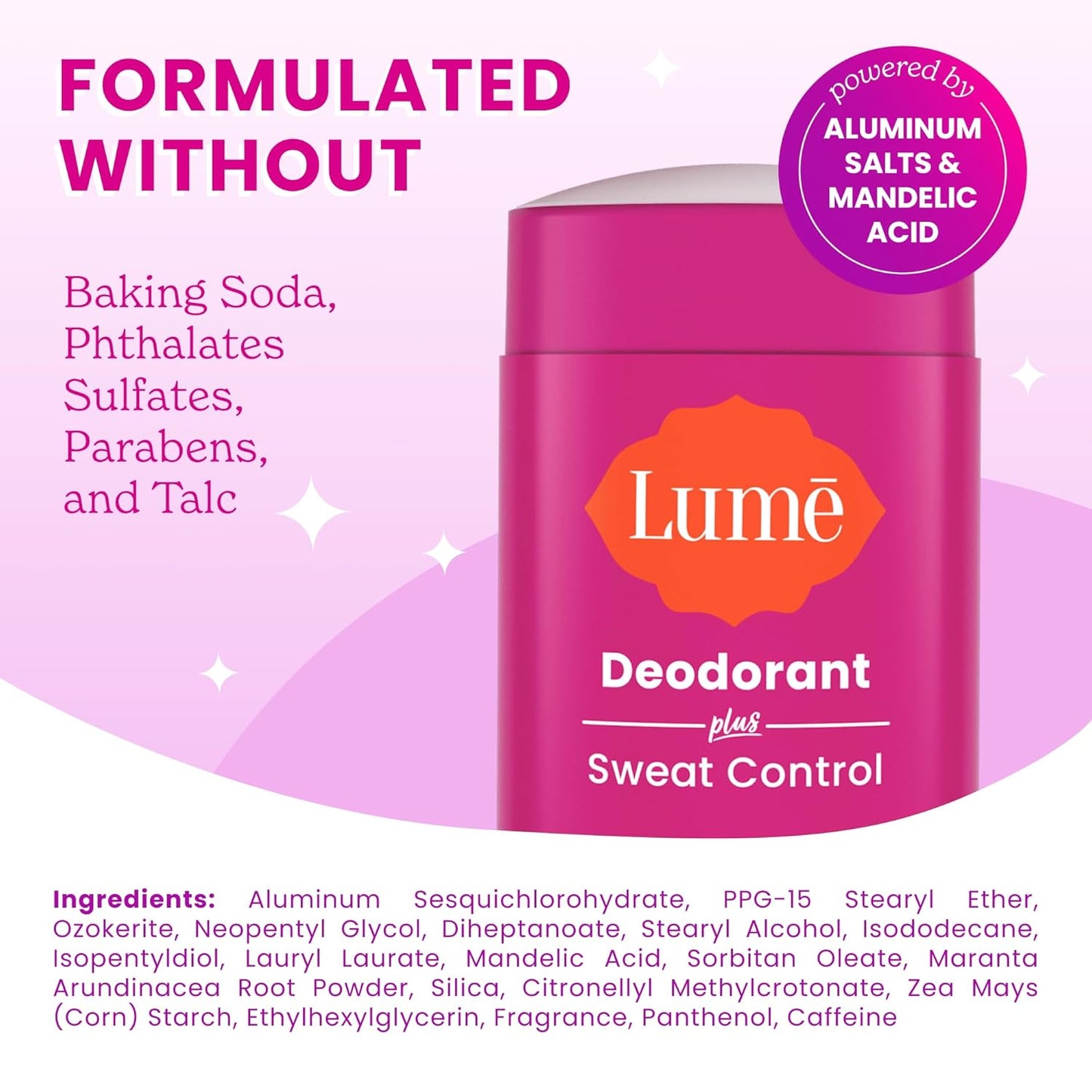 Lume Deodorant Plus Sweat Control - Smooth Solid Stick - Extra Strength Antiperspirant - 72 Hour Odor And Sweat Control - Baking Soda Free, Skin Loving - 2.6 ounce (Lavender Sage) Pack of 2