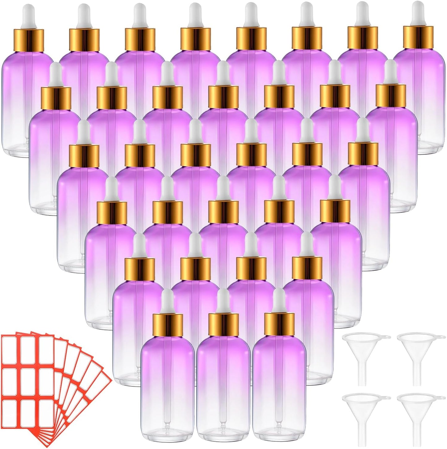 Dandat 50 Pack 4 oz Glass Dropper Bottles Leakproof 120 ml Glass Tincture Bottles with Eye Droppers, 4 Funnels, 54 Labels for Essential Oil Perfumes Hair Oil(Purple Gradient)