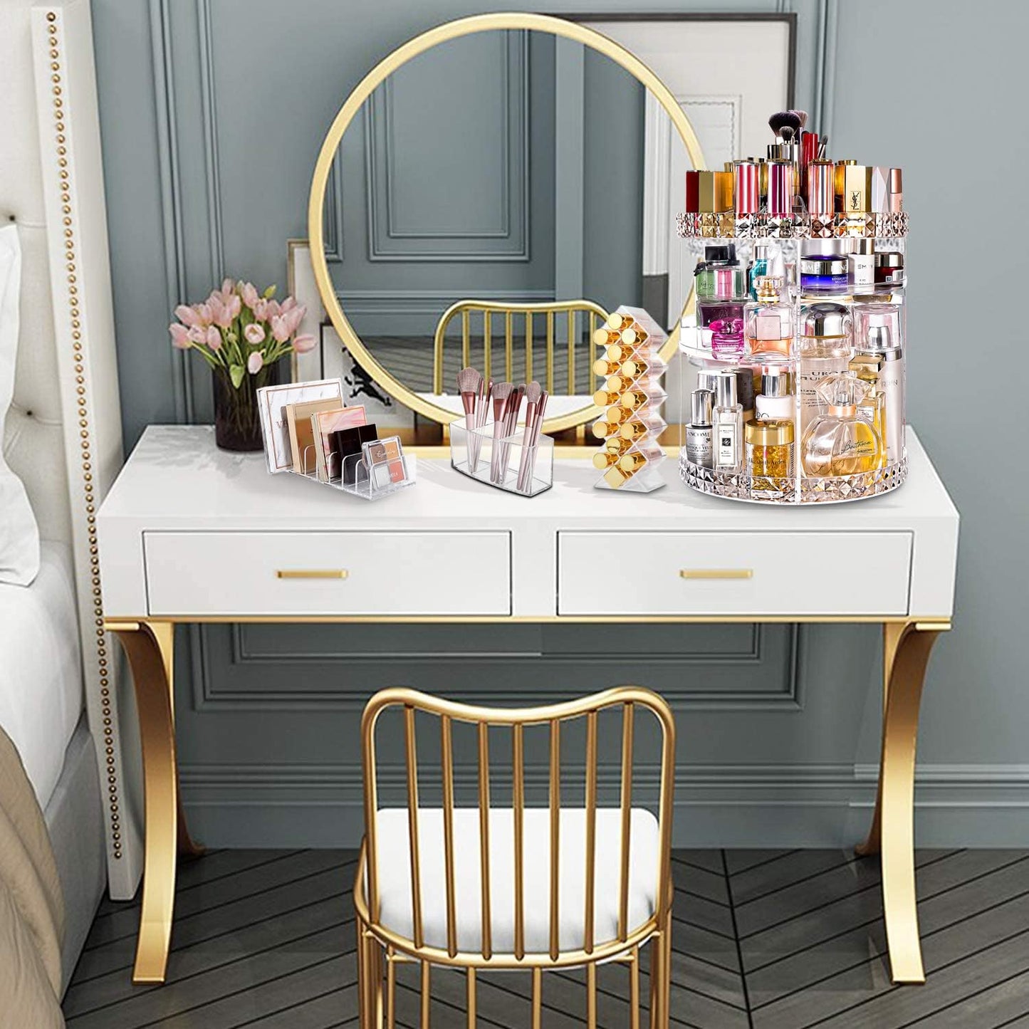 V-HANVER Makeup Organizer Combo - 360° Rotating Makeup Organizer with 7 Adjustable Layers Acrylic Skincare Organizer Large Cosmetic Display Case Clear Perfume Organizer with Makeup Lipstick Holder