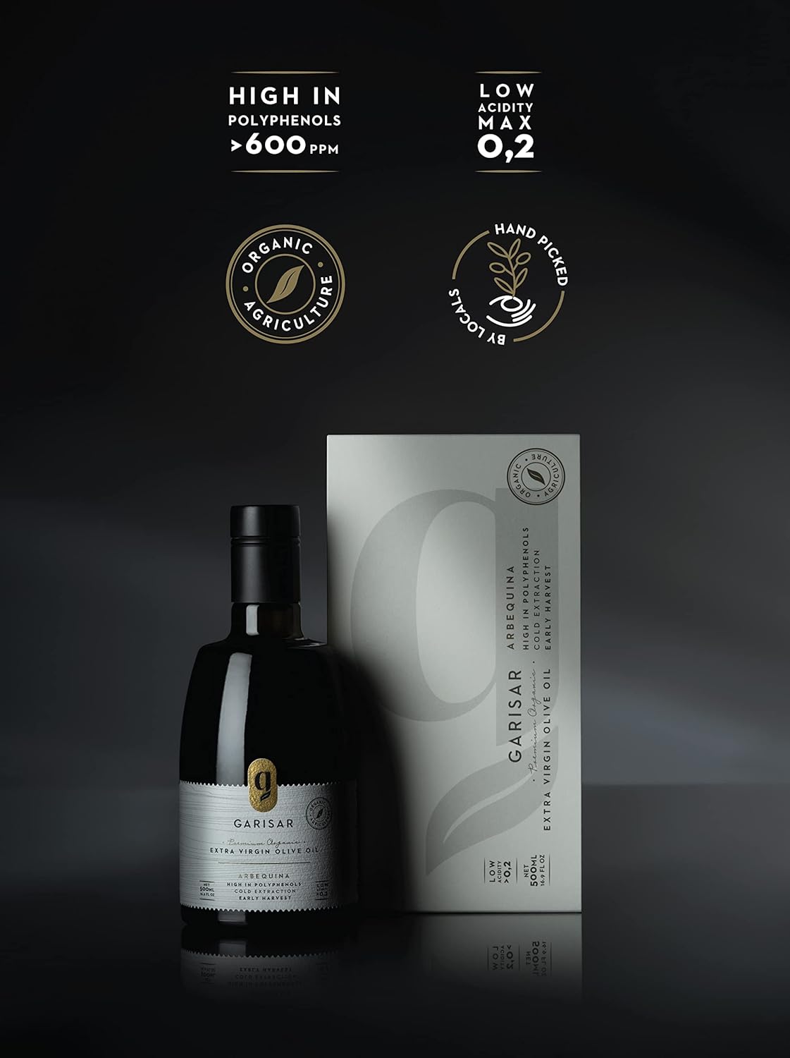 Garisar High In Polyphenol Premium Extra Virgin Olive Oil (>600 ppm), Low Acidity (max 0.2%), NYIOOC 2025 Gold Medal Winner, Organic Agriculture, Hand Picked, Cold Pressed, 100% Arbequina, Pack of 6