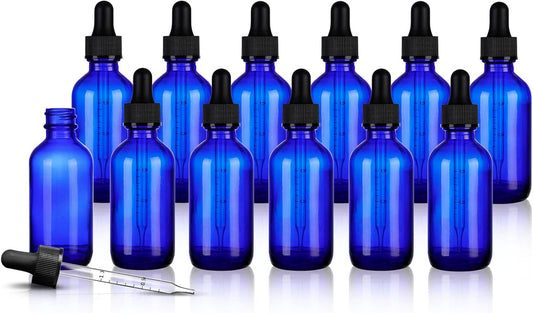 12 Pack Blue Glass Dropper Bottle, 2 oz, with Eye Measuring Dropper and Gold Cap, Leak Proof Travel Bottle for Essential Oils/Chemistry Lab Chemicals/Cologne and Perfume