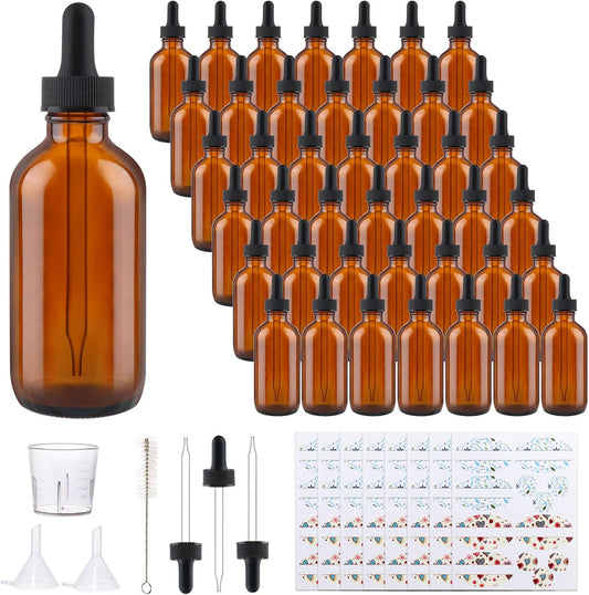 42 Pack 4oz Amber Glass Bottles with Glass Eye Droppers for Essential Oils, Perfumes & Lab Chemicals (Brush, Funnels, 3 Extra Droppers, 48 Pieces Labels & 30ml Measuring Cup Included)
