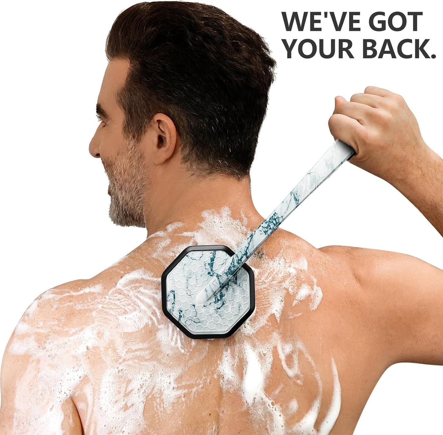 iTokGoK® Platinum Green Emerald Silicone Back Scrubber with Long Handle Back Brush for Shower,Silver-Infused Back Scrubber for Men and Women