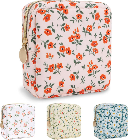 Nylon Mini Floral Makeup Bag for Purse, Small Cute Pink Makeup Bag Preppy Flower Cosmetic Zipper Pouch, Waterproof Travel Coin Pouch Sanitary Napkin Storage Bag Makeup Organizer for Women(Pink-Floral)