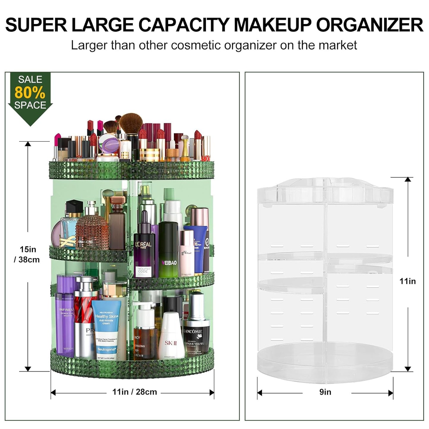360 Degree Rotating Makeup Organizer for Vanity, Large Capacity Beauty Organizer, Adjustable DIY 7 Layers Perfume Organizer, Skincare Organizers Fits Cosmetics and Accessories(Emerald Green)