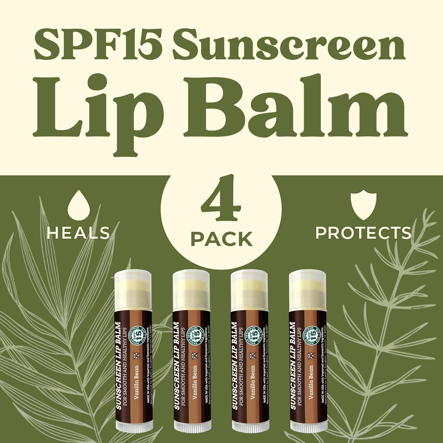 Earth's Daughter SPF Lip Balm 4-Pack - Lip Sunscreen, SPF 15, Organic Ingredients, Vanilla Flavor, Beeswax, Coconut Oil, Vitamin E - Hypoallergenic, Paraben Free, Gluten Free