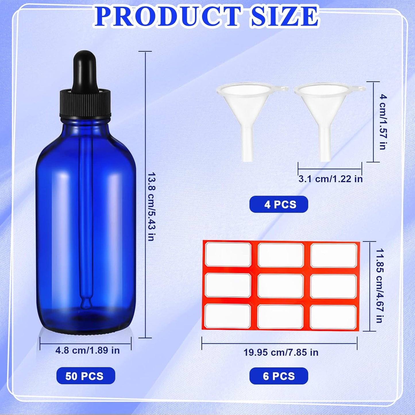 Dandat 50 Pack 4 oz Glass Dropper Bottles Leakproof 120 ml Glass Tincture Bottles with Eye Droppers, 4 Funnels, 54 Labels for Essential Oil Perfumes Hair Oil(Blue)