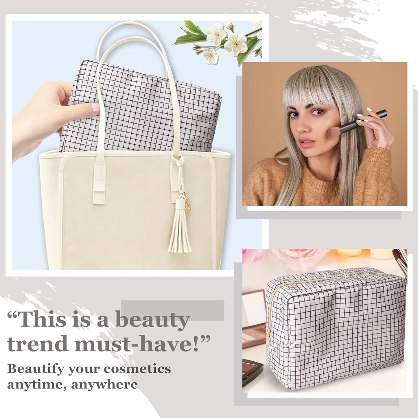 Nylon Large Checkered Makeup Bag Travel Pouch for Women, Big Preppy Makeup Bag Cute Cosmetic Zipper Pouch Purse,Waterproof Toiletry Bag Clutch Makeup Brush Organizer Pouch for Ladies Girls(Checkered)