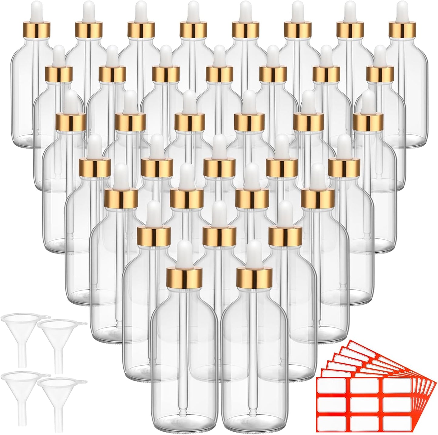 Dandat 50 Pack 4 oz Glass Dropper Bottles Leakproof 120 ml Glass Tincture Bottles with Eye Droppers, 4 Funnels, 54 Labels for Essential Oil Perfumes Hair Oil(Clear)